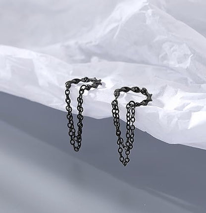 Reffeer Solid 925 Sterling Silver Cuff Earrings Chain Cartilage Wraps for Women Teens Minimalist Cuff Earrings No Piercing - color: C-Black