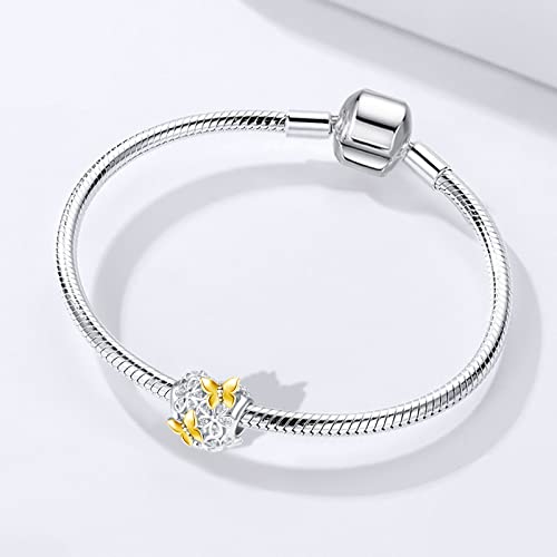 Butterfly Flower Garden Charm Magnolia Bloom Crystal Opennwork Enamel Bead for Pandora Charm Bracelet - style: Gold Butterfly