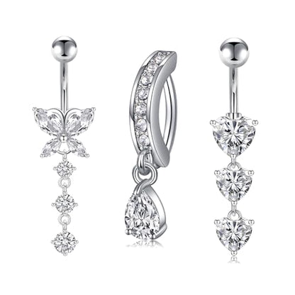 MODRSA Gold Belly Button Ring Dangle Belly Rings Silver Pink Dangling Dangly Belly Button Piercing Hypoallergenic Surgical Steel Opal Butterfly Navel Rings for Women Cute Dainty Navel Jewelry - color: A41-3pcs dangle- silver