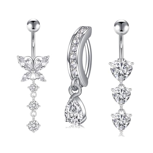 MODRSA Gold Belly Button Ring Dangle Belly Rings Silver Pink Dangling Dangly Belly Button Piercing Hypoallergenic Surgical Steel Opal Butterfly Navel Rings for Women Cute Dainty Navel Jewelry - color: A41-3pcs dangle- silver