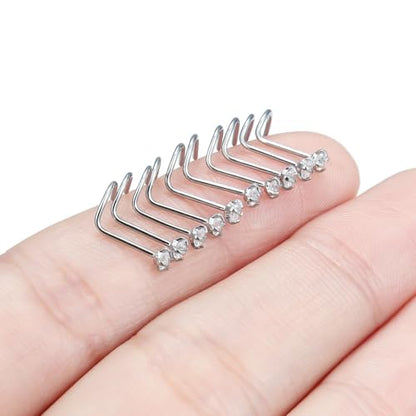 Nose Studs Surgical Steel Nose Rings Studs with Cubic Zirconia 10Pcs Tiny Nostril Rings for Women Screw Bone and L-Shaped Nostril Piercing Jewelry 24G 22G 20G 18G - color: silvertone,screw nose studs, size: 22g,2.0mm Clear CZ