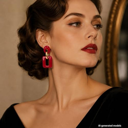 Retro Boho Hollow Square Earrings Lightweight Fashion Jewelry Casual Daily Wear Geometric Drop Earrings Party Acrylic Square Dangle Accessories - color: Red