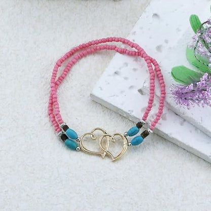 Elastic Beaded Ankle Bracelets for Women Double Heart Layered Stretch Ankle Bracelets Waterproof Dainty Boho Beaded Anklets for Summer Beach Foot Jewelry - color: Pink Gold