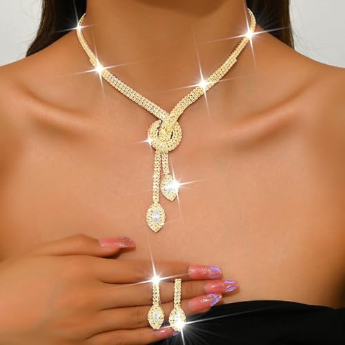 Unicra Silver Rhinestone Bridal Wedding Jewelry Set Crystal Necklace Earrings Sets Formal Prom Costume Jewelry Sets for Women and Brides - color: Gold