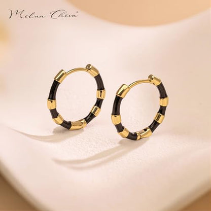 Milan Chiva 14K Gold Plated Small Huggie Dangle Earrings | Lightweight Trendy Heart Dainty Jewelry Hypoallergenic Chunky Gold Hoops Earrings Jewelry Mothers Day Gift for Women - color: E-Black
