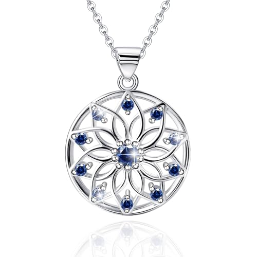 Sterling Silver Flower Necklace for Women, Sparkly Blue Cubic Zirconia Pendant Necklace, Hypoallergenic, Adjustable, Elegant Floral Jewelry Gifts for Wife Mother