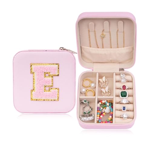 ETHOON Jewelry Travel Case Small Organizer Stocking Box Personalized Gifts Teenage Jewelry Accessories Holiday Wedding Christmas Gift for Women Pink, Letter E - color: Pink E