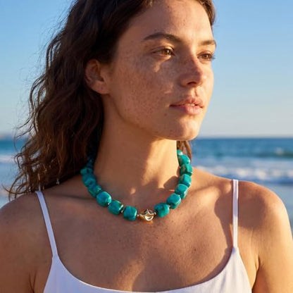 Beaded Necklaces for Women Boho Chunky Necklace Statement Big Resin Bead Choker Fashion Summer Beach Jewelry - color: Turquoise
