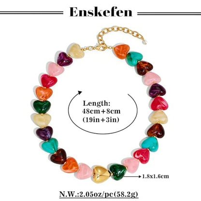 Chunky Beaded Necklace for Women Trendy Multicolor Resin Beads Choker Necklaces Boho Summer Statement Necklace Chunky Heart Jewelry - color: Heart necklace-colorful