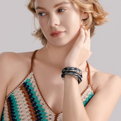 Boho Layered Leather Wrap Bracelets Chunky Western Country Hippie Jewelry | Stackable Bohemian Cowgirl Magnetic Clasp Cuff Bangle Set Fashion Stack Statement Festival Trendy Jewelry Gifts for Women - color: Black