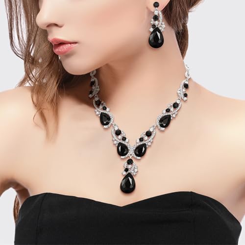 Women's Wedding Bridal Crystal Multi Teardrop Cluster Statement Necklace Dangle Earrings Set - color: 05-Black Silver-Tone