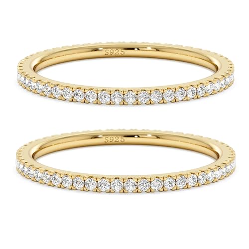 2mm 925 Sterling Silver Rings Gold Engagement Wedding Bands Eternity Cubic Zirconia Simulated Diamond 2pairs Stackable Ring for Women Size 5-10 - color: Gold