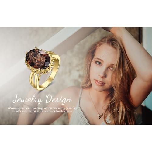 JewelryPalace Huge Oval Shape 5.7ct Genuine Smoky Quartz Cocktail Rings for Her, 14K White Yellow Rose Gold Plated 925 Sterling Silver Ring for Women, Natural Gemstone Jewelry Sets Rings - color: 2-Yellow Gold Plated Brass