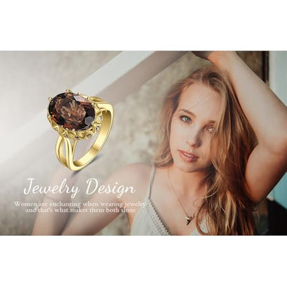 JewelryPalace Huge Oval Shape 5.7ct Genuine Smoky Quartz Cocktail Rings for Her, 14K White Yellow Rose Gold Plated 925 Sterling Silver Ring for Women, Natural Gemstone Jewelry Sets Rings - color: 2-Yellow Gold Plated Brass