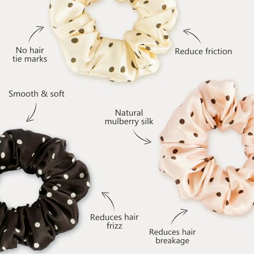 ZIMASILK 100% Pure Mulberry Silk Hair Scrunchies for Women | No Damage - Gentle Elastic Hair Ties for Ponytail Holder - Hair Accessories (3 Pack, Polka Dot) - color: Polka Dot (3pcs)