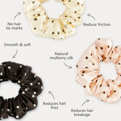 ZIMASILK 100% Pure Mulberry Silk Hair Scrunchies for Women | No Damage - Gentle Elastic Hair Ties for Ponytail Holder - Hair Accessories (3 Pack, Polka Dot) - color: Polka Dot (3pcs)