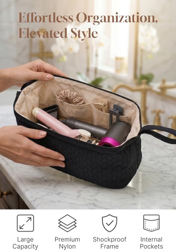 TeeYee Nylon Hair Tools Travel Bag for Dyson Airwrap Quilted Toiletry Bag | Travel Storage Bag for Shark Flexstyle/Curling Iron,Water-repellent,Wide-open,Well-structured,Heat-safe lining,002black - color: 002Black