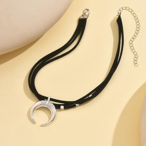Vintage Crescent Moon Pendant Collar Black Velvet Ribbon Choker Necklace Bohemian Distressed Silver Clavicle Chain