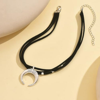 Vintage Crescent Moon Pendant Collar Black Velvet Ribbon Choker Necklace Bohemian Distressed Silver Clavicle Chain