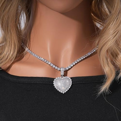 Lulu Mel Silver Heart Necklace 14K Gold Plated Heart Pendant Cubic Zirconia Necklace for Women Men, Iced Out Love Necklace Jewelry Gift Valentine's Day/Mother's Day/Christmas/Anniversary/Birthday Gift - color: Silver, style: 3D Heart