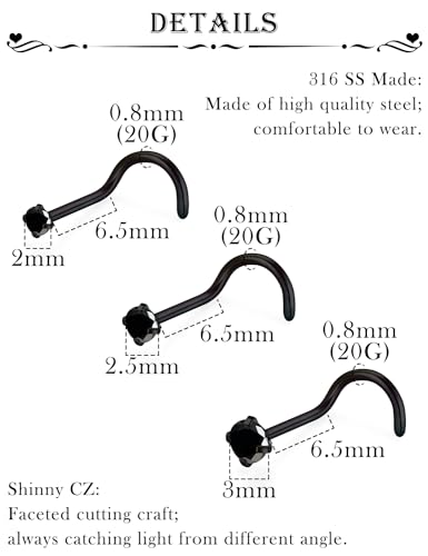 18G 20G 22G Stainless Surgical Steel Titanium Nose Rings Studs for Women L Shaped Nose Rings Screw Nose Studs Nostrial Piercing Jewelry for Women Men Silver Gold Black - style: 20G/Black CZ/Screw/Black