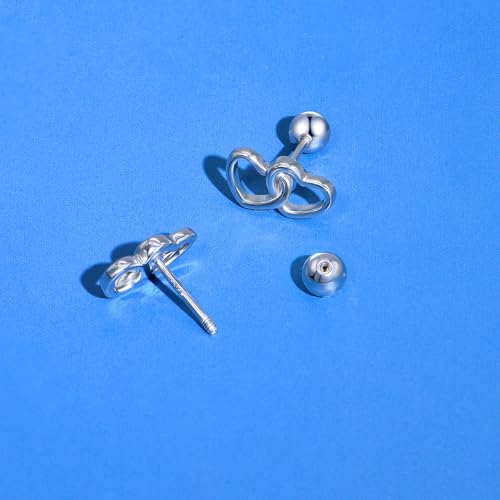 JSGEMSLEE Hypoallergenic 925 Sterling Silver Stud Earrings for Women With Screw Back Small Butterfly Heart Flower Earrings for Girls Tragus Cartilage Jewelry Gifts - color: double heart