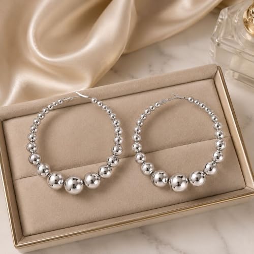 Big Chunky Gold Hoop Earrings for Women Beaded Large Statement Earrings Lightweight Fashion Jewelry Daily Wear Party Gift - color: B:Silver Hoop Earrings