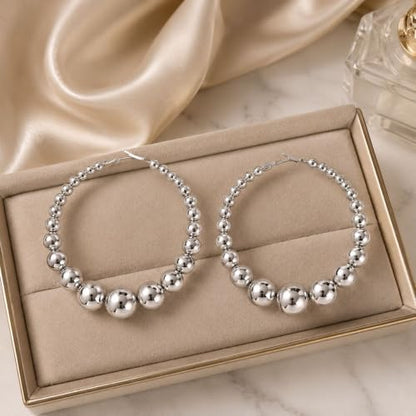 Big Chunky Gold Hoop Earrings for Women Beaded Large Statement Earrings Lightweight Fashion Jewelry Daily Wear Party Gift - color: B:Silver Hoop Earrings