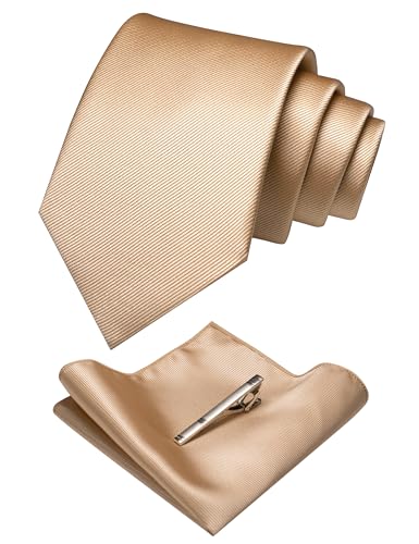JEMYGINS Solid Color Formal Necktie and Pocket Square Tie Clip Sets for Men - color: Champagne Gold