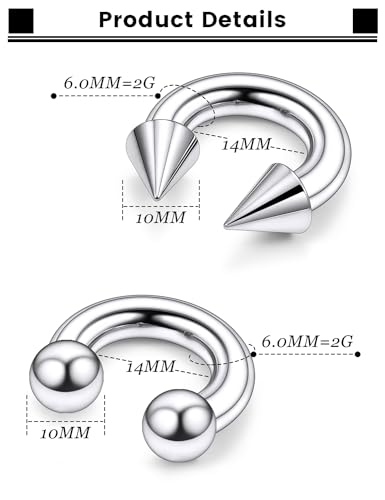 F136 Titanium 20/18/16/14/12/8/4/2g Septum Nose Rings Gauge Earrings Lip Rings Prince Albert Jewelry Internally Threaded Horseshoe Hoop Piercings - size: 2g*14mm