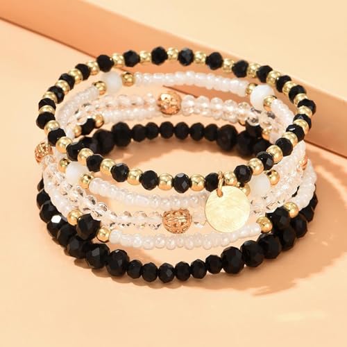 Bohemian Handmade Crystal Seed Beads Disc Pendant Colorful Multilayered Elastic Bracelets Stackable Stretch Strand Bangles Friendship Summer Beach Jewelry for Women - color: black