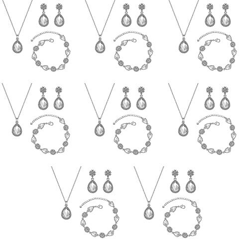 Bridesmaid Jewelry Set for Women,Pendant 18K Gold & Silver & Rose Gold Pendant Necklace Earrings Bracelet Set,Dainty Gift for Wedding/Proposal/Party/Anniversary - color: SILVER - 8 SETS