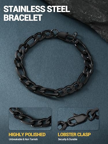 PROSTEEL Bracelets for Men, Figaro/Cuban Mens Bracelet, Silver/Gold/Black | 6/9/13mm Width, 7.5/8.3/9" Length, Stainless Steel Mens Bracelet, Durable & Non Tarnish, Chunky Jewelry with Gift Box - style: A 6mm-Figaro-Black