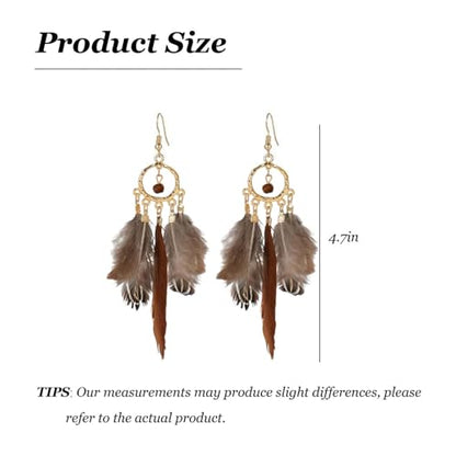 Feather Earrings for Women Boho Jewelry Peacock Feather Long Brown Light weight Western Earrings - color: A1:brown feather earrings