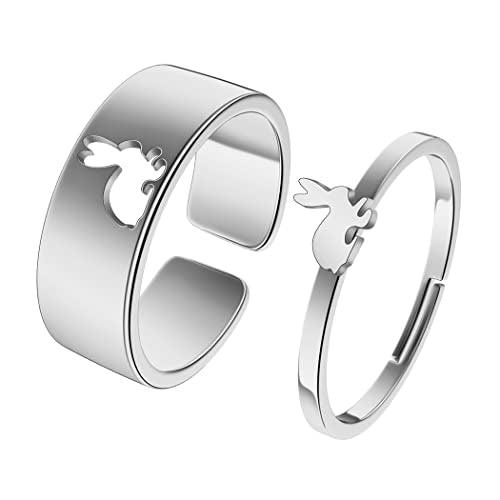 2PCS Matching Cute Animals Promise Engagement Rings for Couples Men Women Jewelry Band Sets 316L Stainless Steel Adjustable Open Ring - color: Rabbit-s