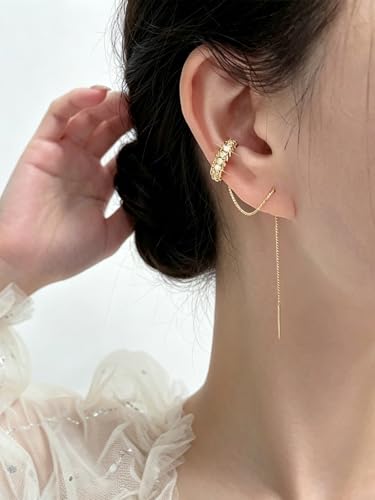 Long Chain Cuff Earrings Gold Silver Wrap Tassel Earrings Minimalist Cz Round Stud With Chain Cuff Double Piercing Jewelry Statement Fake Earrings for Women - color: style2-gold-2pcs