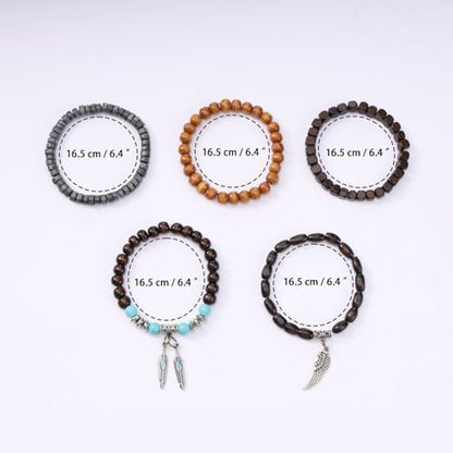 Mens Beaded Bracelets Tribal Wooden Elastic Adjustable Prayer Beads Wrap Cuff for Women - color: K: 5pcs
