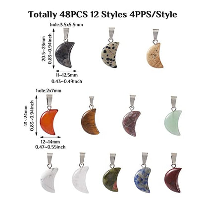 48pcs Moon Shape Stone Pendants 12 Styles Mixed Natural Gemstone Charms Healing Crystal Charms for Jewelry Making Necklace Bracelet Earring - color: 1-Mixed Color-Moon-12 Styles