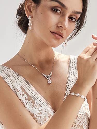 SWEETV Teardrop Wedding Bridal Jewelry Set for Brides Women Bridesmaid, Crystal Rhinestone Backdrop Necklace Earring Sets for Prom - color: 01.Silver