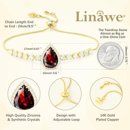 Linawe Crystal Imitation Diamond Rhinestone Charm Bracelets for Women, Gold/Silver/Rose Gold Adjustable Chain Bracelet, Teardrop Birthstone Cubic Zirconia Prom Costume Wedding Jewelry - color: Gold,Jan