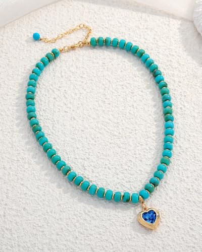 Boho Beaded Choker Necklaces for Women with A Gold Heart CZ - color: Turquoise