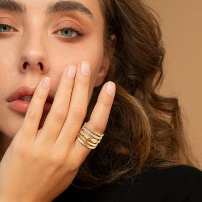 Turandoss Gold Stackable Rings Set for Women Non Tarnish | 14K Gold Plated, Trendy CZ Stackable Engagement Rings Stack, Thin Thumb Wedding Bands Ring Set, Size 6 7 8 9, 5PCS - color: 14K Gold-Plated