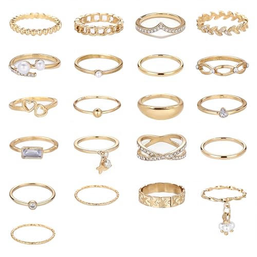42-Piece Gold Tone Stackable Ring Set for Women, Boho Minimalist Stacking Rings with Crystal & Heart Accents, Adjustable Open Band Jewelry for Daily Wear - style: TZJ-003351-01