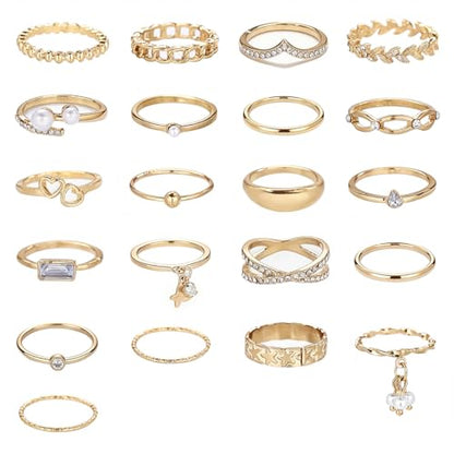 42-Piece Gold Tone Stackable Ring Set for Women, Boho Minimalist Stacking Rings with Crystal & Heart Accents, Adjustable Open Band Jewelry for Daily Wear - style: TZJ-003351-01