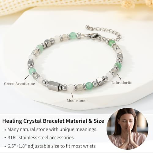 Natural Healing Crystal Bracelet for Women, Triple Protection Anxiety Relief New Beginnings Good Luck Empath Protection Jewelry Gift for Friends Daughter Mom 6.5+1.8 Inches - color: New Beginnings-S