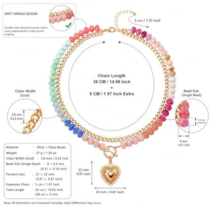 Colorful Acrylic Beaded Necklace For Women, Boho Double Layer Rainbow Beads Thick Cuban Chain Chunky Heart Pendant Statement Choker Summer Beach Jewelry Gift - color: Colorful Gold Shell