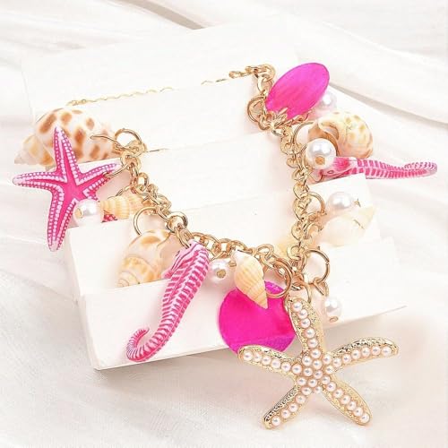 Spiritrain Handmade Starfish Seashell Pearl Bracelets for Women Gold Plated Bohemian Charm Sea Shell Couch Beads Adjustable Chain Anklet Bracelets Hawaiian Beach Holiday Mermaid Costume Jewelry Gifts - color: Rose red
