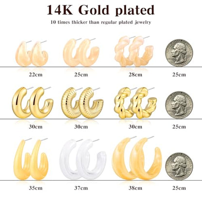 Chunky Gold Hoop Earrings for Women 9 Pairs, Fashion Resin Jewelry Gifts | Thick, Open, Twisted, Huggie, lightweight, 14K Gold-plated, Hypoallergenic, Great for Party/Gathering/Wedding/Work/Daily - color: Yellow