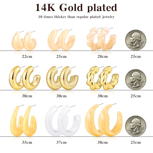 Chunky Gold Hoop Earrings for Women 9 Pairs, Fashion Resin Jewelry Gifts | Thick, Open, Twisted, Huggie, lightweight, 14K Gold-plated, Hypoallergenic, Great for Party/Gathering/Wedding/Work/Daily - color: Yellow