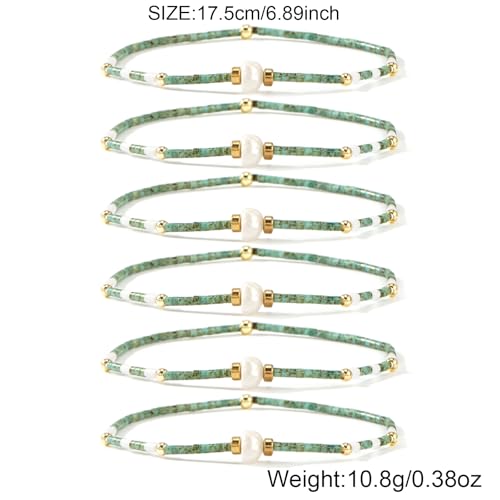 Colorful Stackable Rice Small Mini Seed Beaded Bracelets Set For Women, Handmade Dainty Boho Gold Glass Stretch Accessories Jewelry,Summer Beach Party Daily Friendship Gift - color: Green Pearl